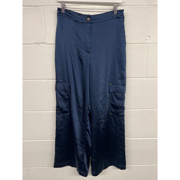 Michael Kors Sz M Blue Satin Wide Leg High Rise Cargo Pants silky travel walking - Picture 3 of 5